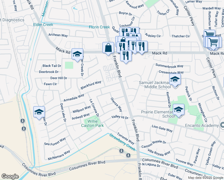 map of restaurants, bars, coffee shops, grocery stores, and more near 4510 Armadale Way in Sacramento