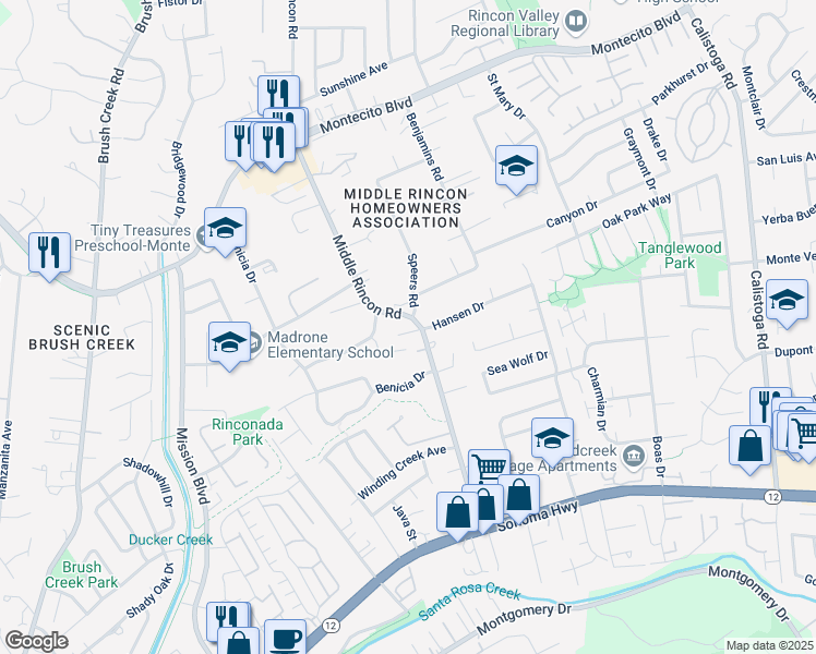 map of restaurants, bars, coffee shops, grocery stores, and more near 307 Middle Rincon Road in Santa Rosa