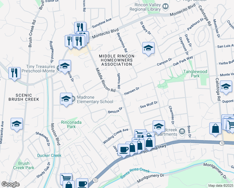 map of restaurants, bars, coffee shops, grocery stores, and more near 307 Middle Rincon Road in Santa Rosa