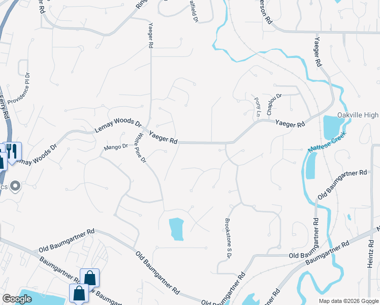 map of restaurants, bars, coffee shops, grocery stores, and more near 3792 Yaeger Road in St. Louis