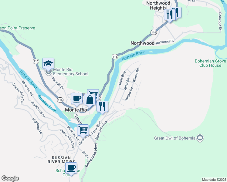 map of restaurants, bars, coffee shops, grocery stores, and more near 20422 River Boulevard in Monte Rio