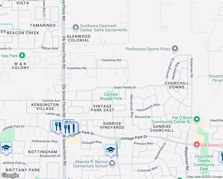map of restaurants, bars, coffee shops, grocery stores, and more near 9041 Giant Panda Drive in Sacramento