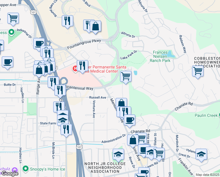 map of restaurants, bars, coffee shops, grocery stores, and more near 230 Bicentennial Way in Santa Rosa