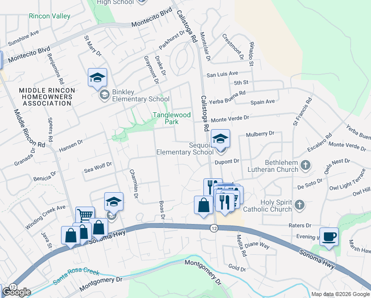 map of restaurants, bars, coffee shops, grocery stores, and more near 5112 Gold Lake Drive in Santa Rosa