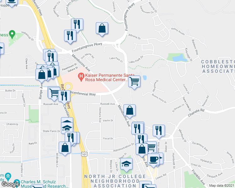 map of restaurants, bars, coffee shops, grocery stores, and more near 230 Bicentennial Way in Santa Rosa