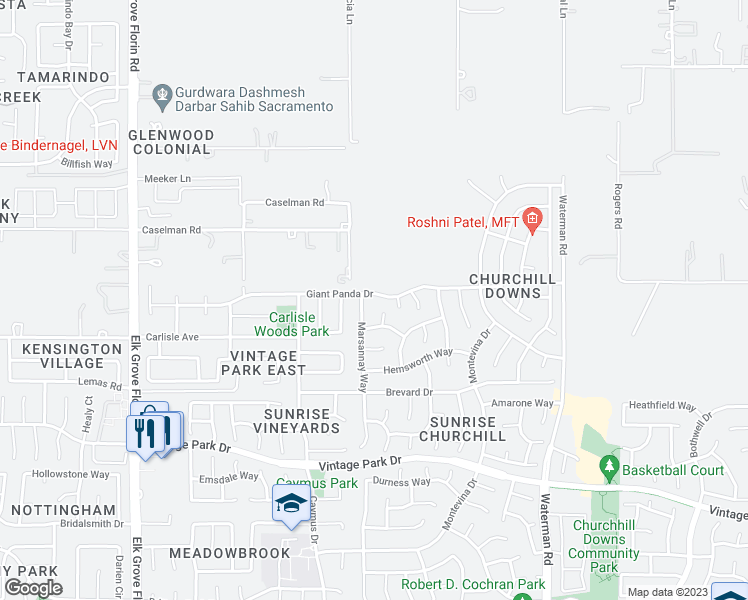 map of restaurants, bars, coffee shops, grocery stores, and more near 9108 Giant Panda Drive in Sacramento
