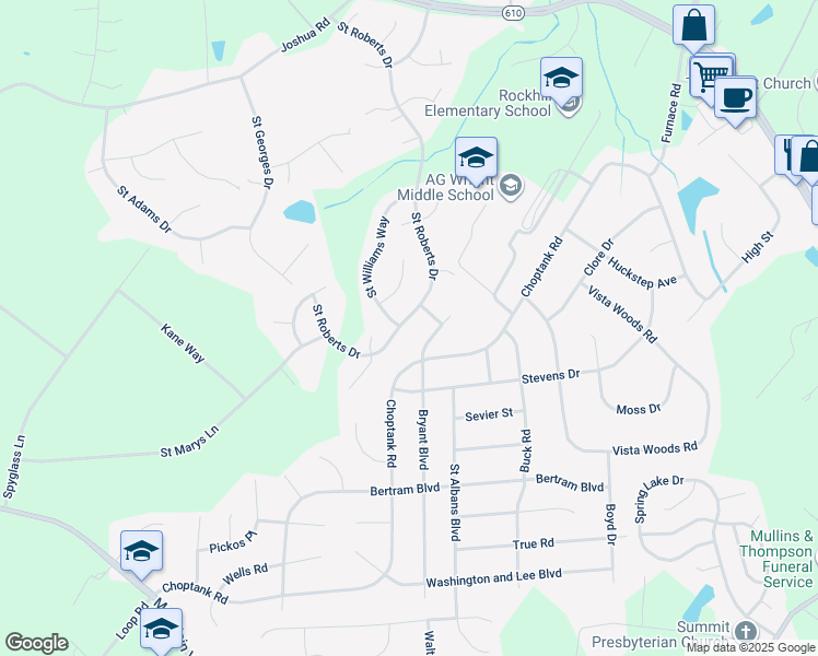 map of restaurants, bars, coffee shops, grocery stores, and more near 89 Saint Roberts Drive in Stafford