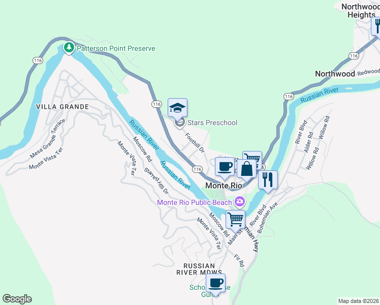 map of restaurants, bars, coffee shops, grocery stores, and more near 20586 Foothill Drive in Monte Rio