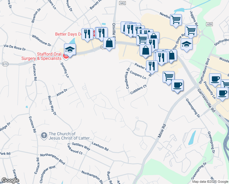 map of restaurants, bars, coffee shops, grocery stores, and more near 33 Ontell Court in Stafford