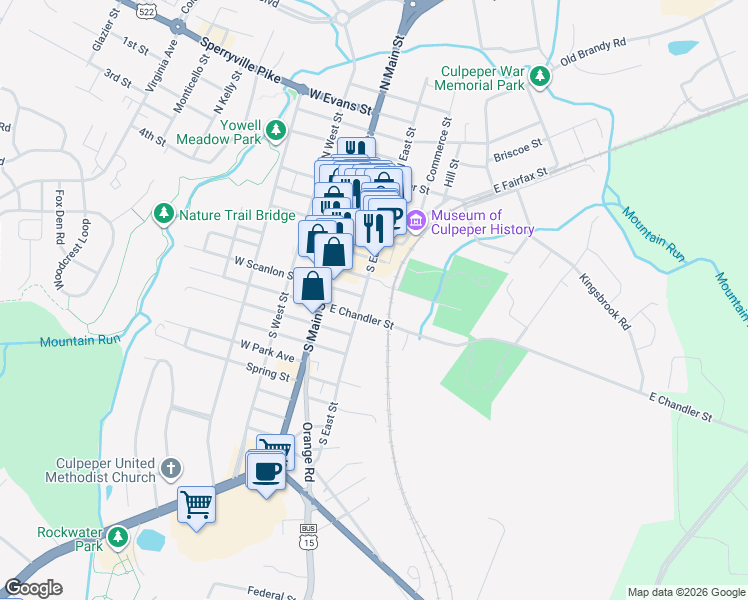 map of restaurants, bars, coffee shops, grocery stores, and more near 501 South East Street in Culpeper