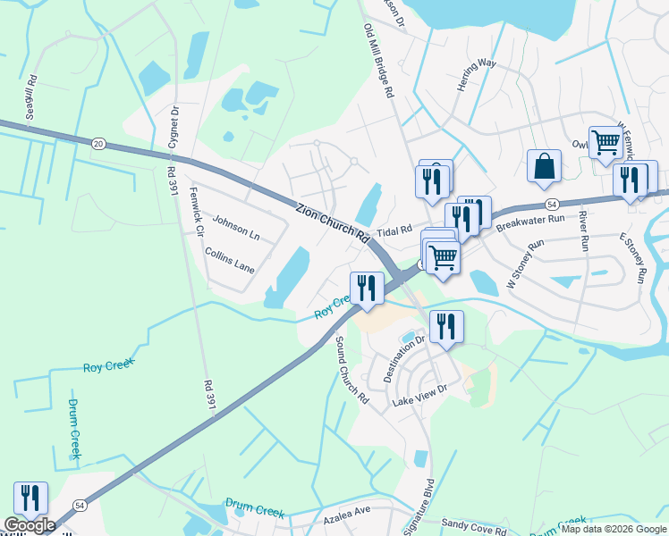 map of restaurants, bars, coffee shops, grocery stores, and more near 21116 Arrington Drive in Selbyville