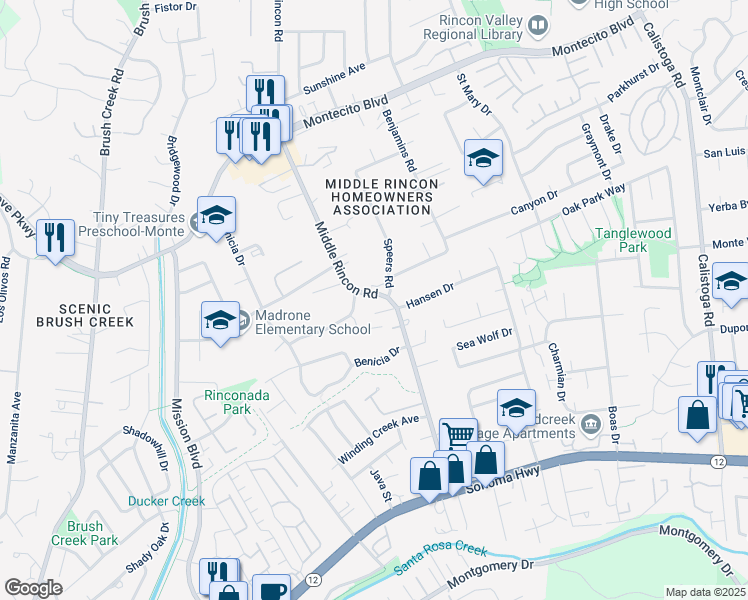 map of restaurants, bars, coffee shops, grocery stores, and more near 307 Middle Rincon Road in Santa Rosa