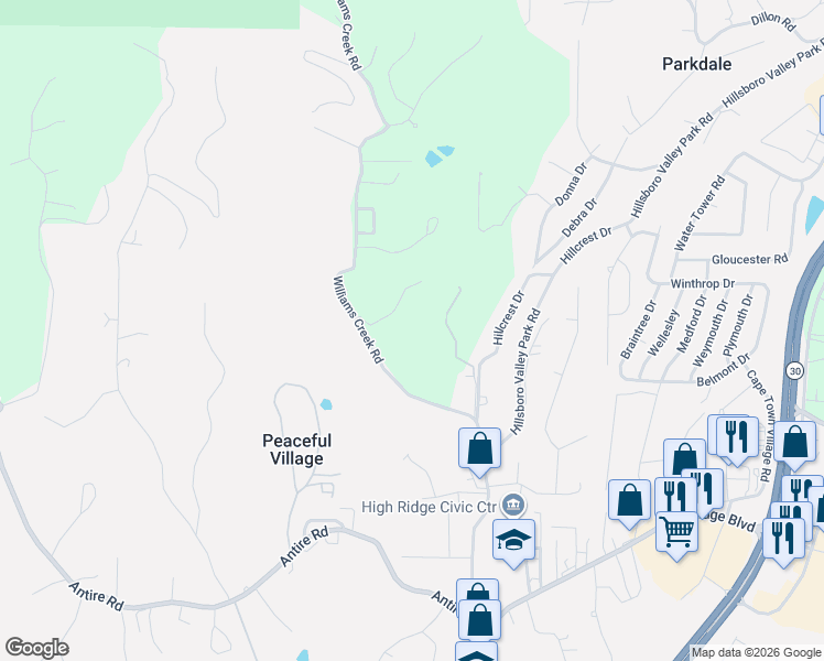 map of restaurants, bars, coffee shops, grocery stores, and more near 2604 Williams Creek Rd in High Ridge