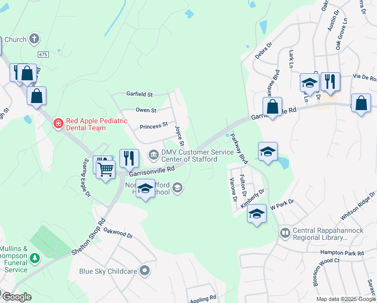 map of restaurants, bars, coffee shops, grocery stores, and more near 2 Joyce Street in Stafford