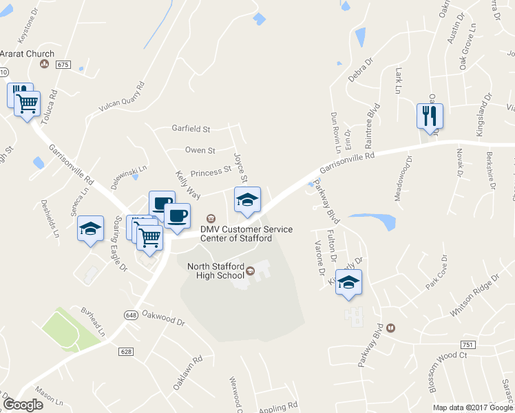 map of restaurants, bars, coffee shops, grocery stores, and more near 2 Joyce Street in Stafford