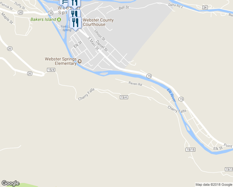 map of restaurants, bars, coffee shops, grocery stores, and more near Cherry Falls in Webster Springs