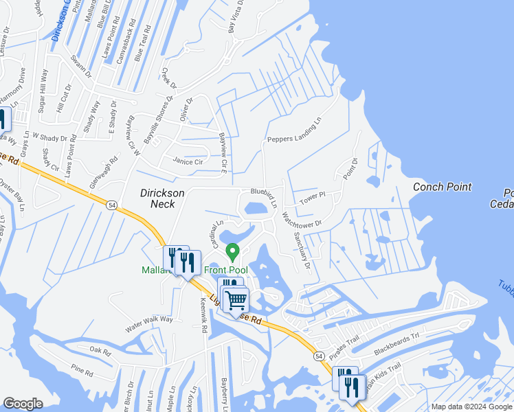 map of restaurants, bars, coffee shops, grocery stores, and more near 38303 Bluebird Lane in Selbyville