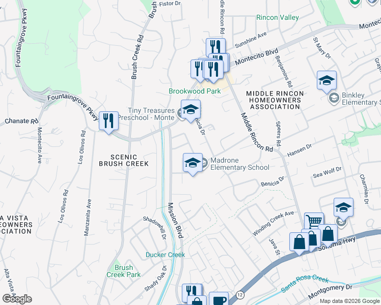 map of restaurants, bars, coffee shops, grocery stores, and more near 2128 Fremont Drive in Santa Rosa