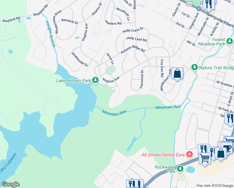 map of restaurants, bars, coffee shops, grocery stores, and more near 1034 Longview Lane in Culpeper