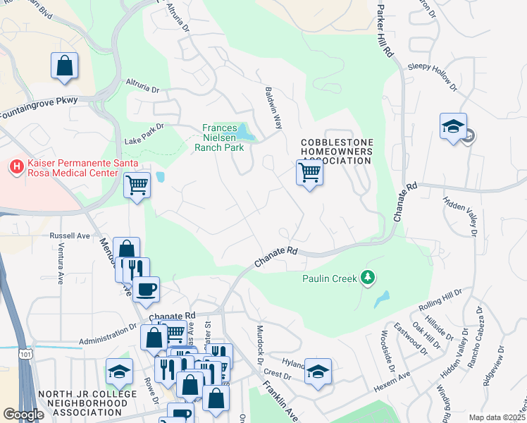 map of restaurants, bars, coffee shops, grocery stores, and more near 810 Buena Vista Drive in Santa Rosa