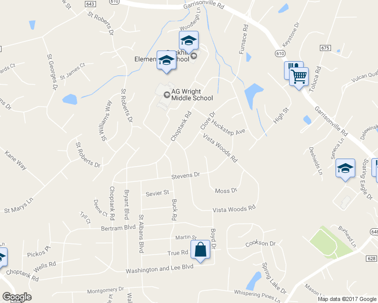 map of restaurants, bars, coffee shops, grocery stores, and more near 130 Clore Drive in Stafford