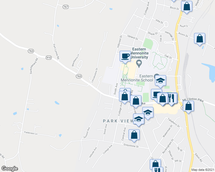 map of restaurants, bars, coffee shops, grocery stores, and more near 7 Village Square in Harrisonburg