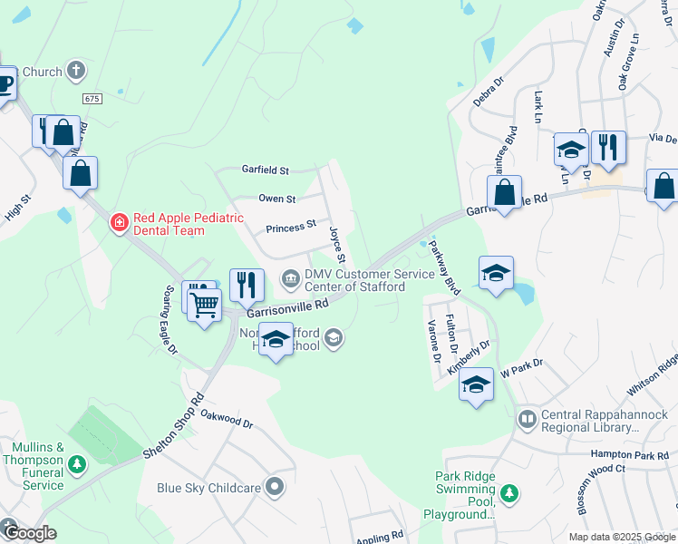 map of restaurants, bars, coffee shops, grocery stores, and more near 3 Joyce Street in Stafford