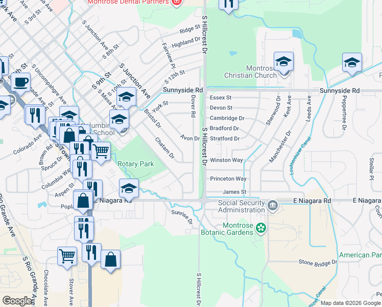 map of restaurants, bars, coffee shops, grocery stores, and more near 1513 Dover Rd in Montrose