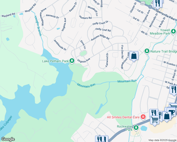 map of restaurants, bars, coffee shops, grocery stores, and more near 1034 Longview Lane in Culpeper