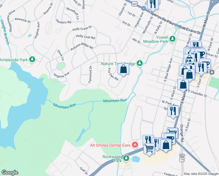 map of restaurants, bars, coffee shops, grocery stores, and more near 871 Woodcrest Loop in Culpeper
