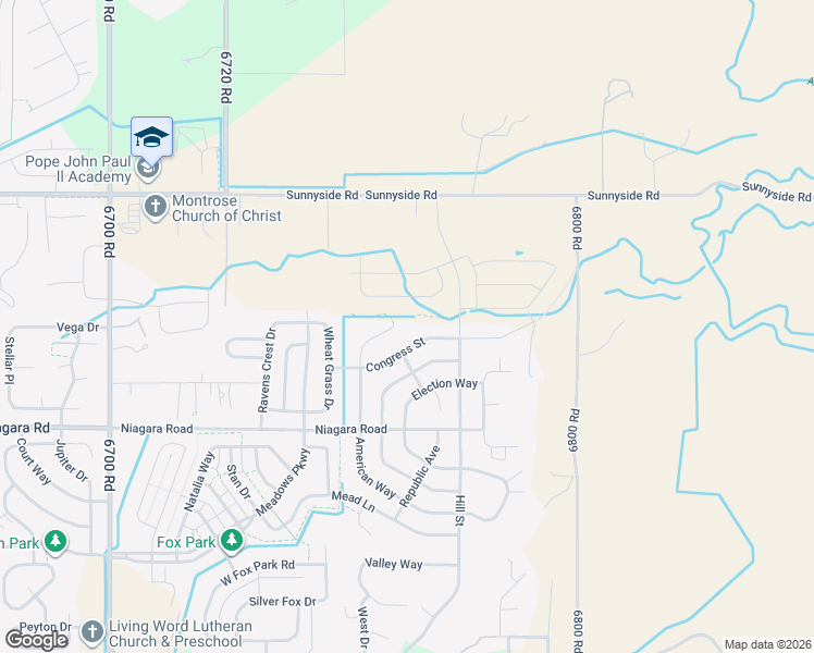 map of restaurants, bars, coffee shops, grocery stores, and more near 1501 American Way in Montrose