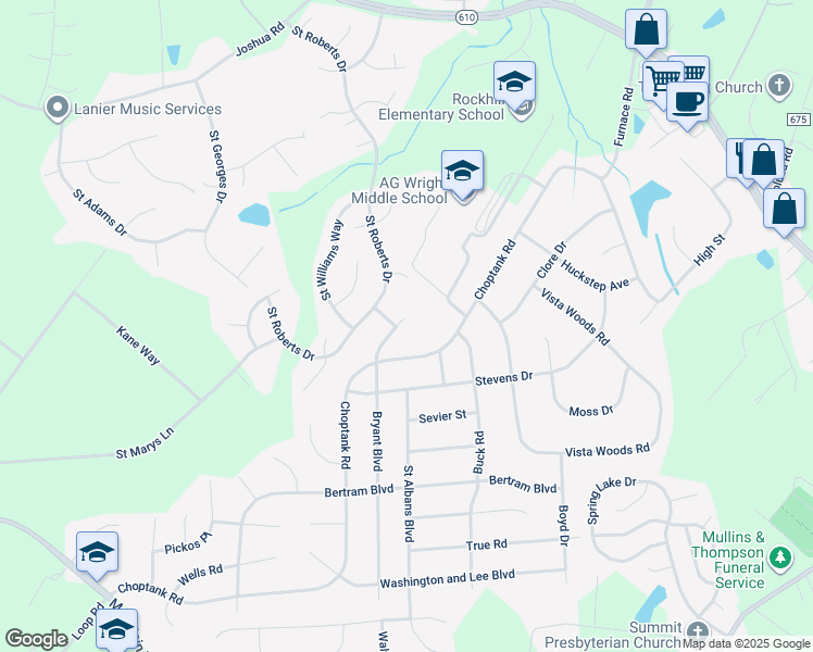 map of restaurants, bars, coffee shops, grocery stores, and more near 1 Bryant Boulevard in Stafford