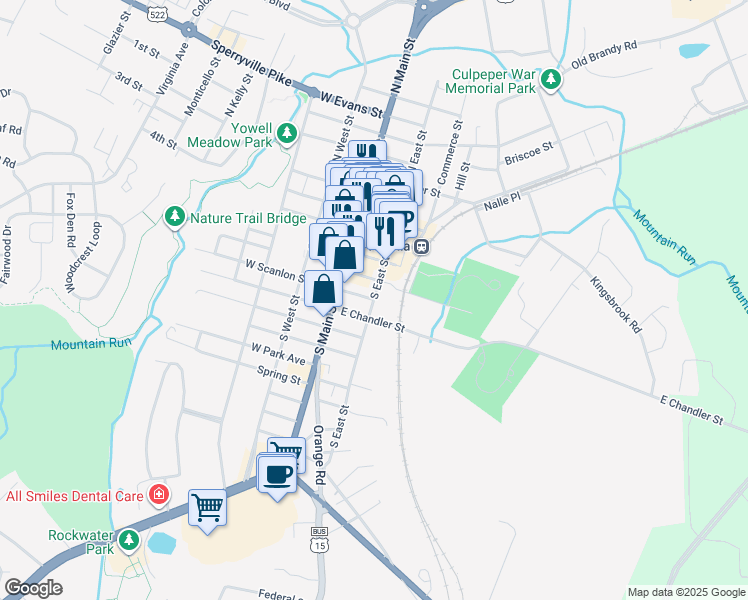 map of restaurants, bars, coffee shops, grocery stores, and more near 501 South East Street in Culpeper