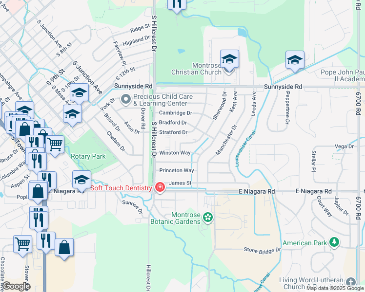 map of restaurants, bars, coffee shops, grocery stores, and more near 2116 Hartford Way in Montrose