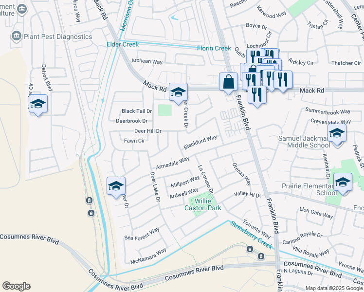 map of restaurants, bars, coffee shops, grocery stores, and more near 4281 Blackford Way in Sacramento
