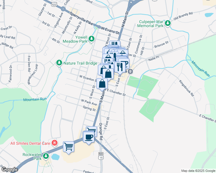 map of restaurants, bars, coffee shops, grocery stores, and more near 509 South Main Street in Culpeper