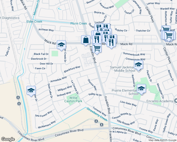 map of restaurants, bars, coffee shops, grocery stores, and more near 4510 Armadale Way in Sacramento