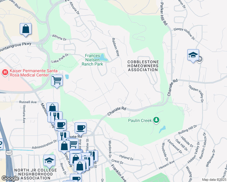 map of restaurants, bars, coffee shops, grocery stores, and more near 810 Buena Vista Drive in Santa Rosa