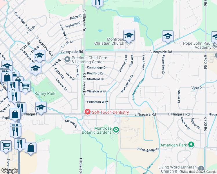 map of restaurants, bars, coffee shops, grocery stores, and more near 2130 Hartford Way in Montrose