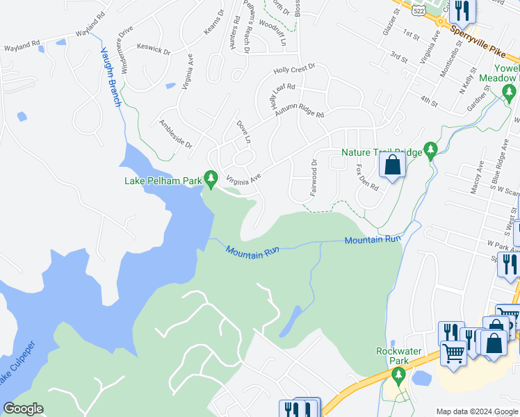 map of restaurants, bars, coffee shops, grocery stores, and more near 988 Lake Pelham Drive in Culpeper