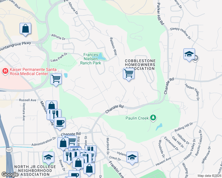 map of restaurants, bars, coffee shops, grocery stores, and more near 810 Buena Vista Drive in Santa Rosa
