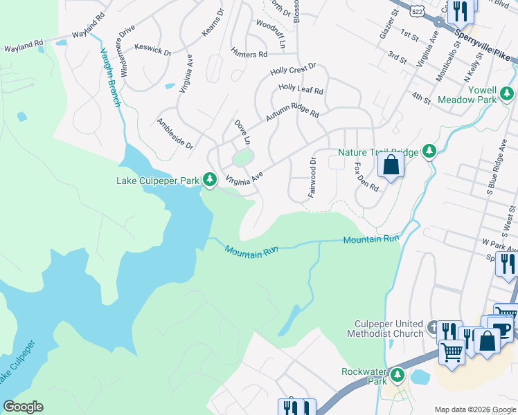 map of restaurants, bars, coffee shops, grocery stores, and more near 1026 Longview Lane in Culpeper
