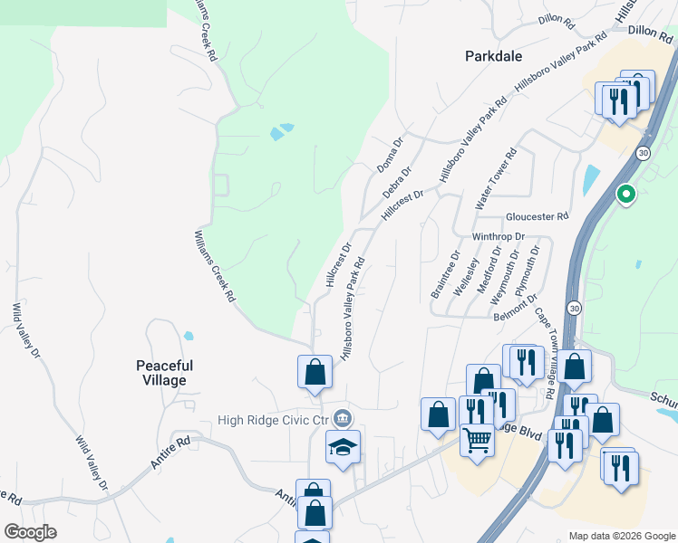 map of restaurants, bars, coffee shops, grocery stores, and more near 2524 Hillcrest Drive in High Ridge