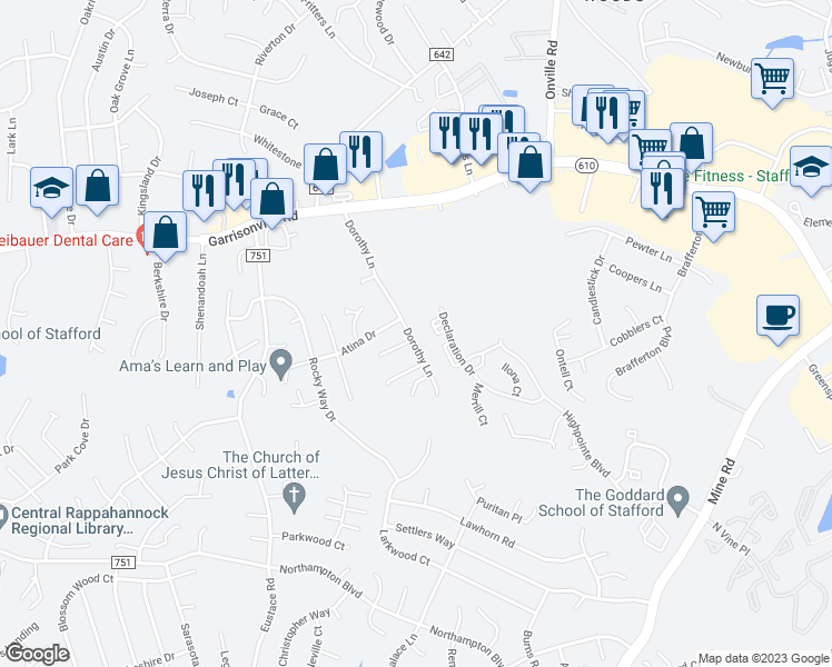 map of restaurants, bars, coffee shops, grocery stores, and more near 52 Dorothy Lane in Stafford Courthouse