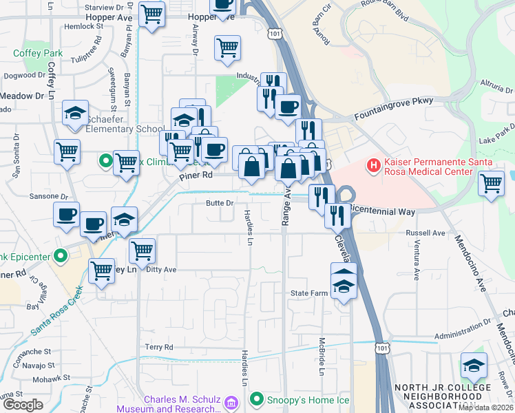 map of restaurants, bars, coffee shops, grocery stores, and more near 3037 Mono Drive in Santa Rosa