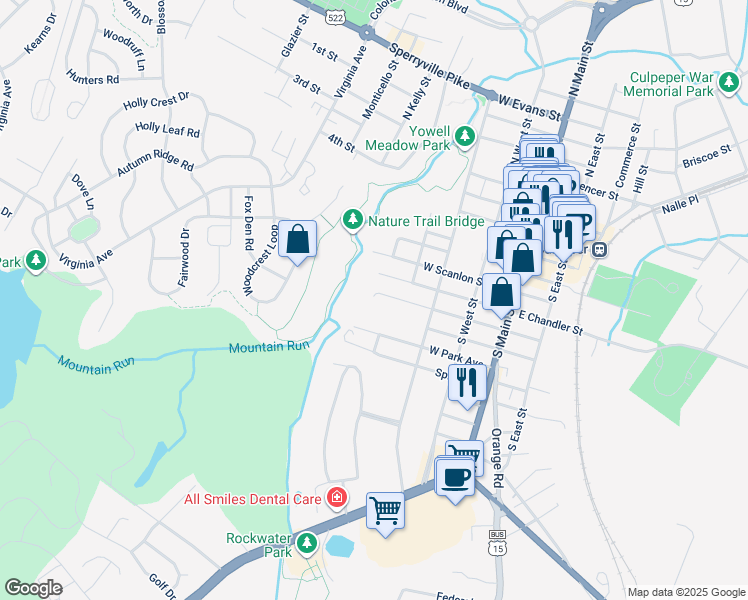 map of restaurants, bars, coffee shops, grocery stores, and more near 335 West Asher Street in Culpeper