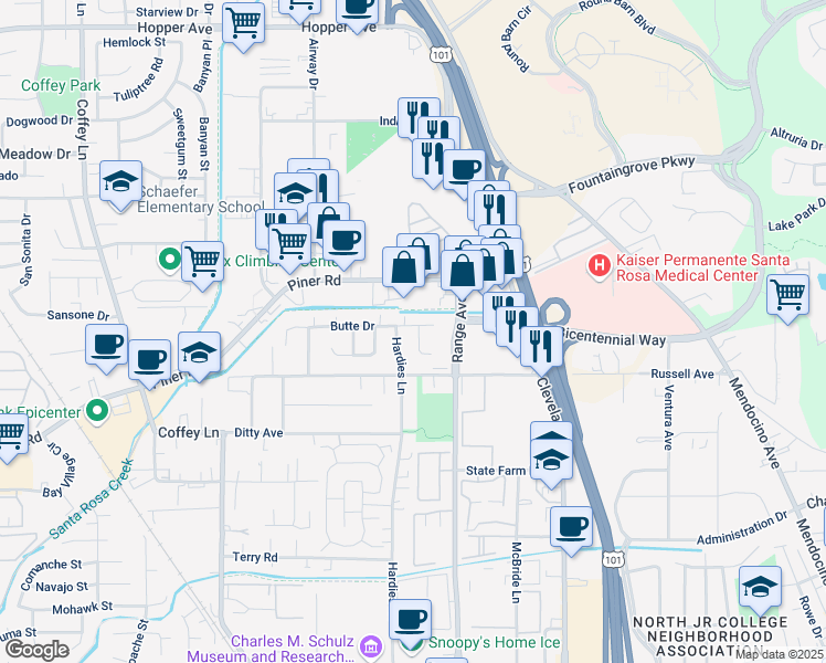 map of restaurants, bars, coffee shops, grocery stores, and more near 3037 Mono Drive in Santa Rosa