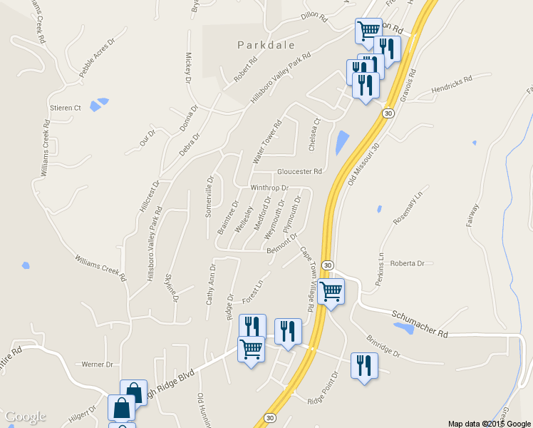 map of restaurants, bars, coffee shops, grocery stores, and more near 2528 Medford Drive in High Ridge