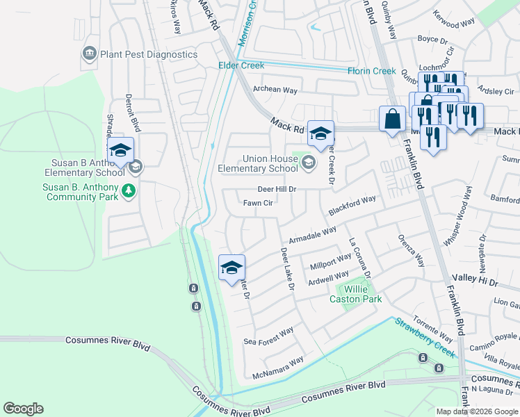 map of restaurants, bars, coffee shops, grocery stores, and more near 4056 Fawn Circle in Sacramento