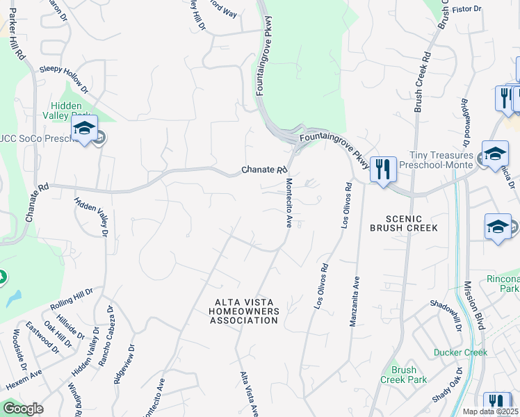 map of restaurants, bars, coffee shops, grocery stores, and more near 4931 Montecito Avenue in Santa Rosa